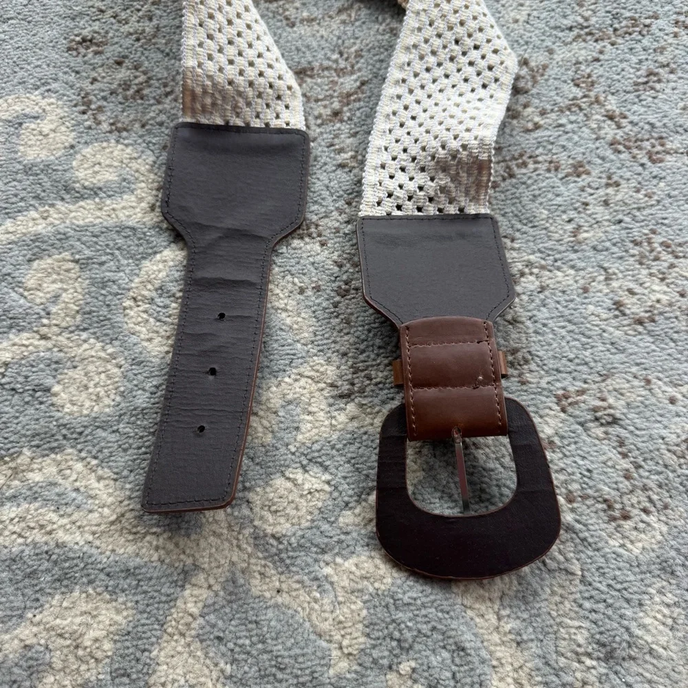 Vintage Crochet Elastic Belt Ivory Brown